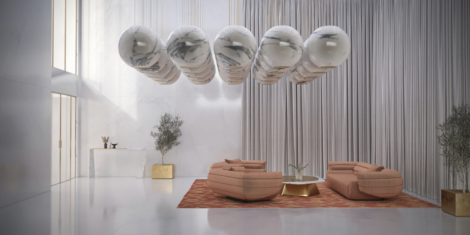Carrara marble luminaire — sphere detail view