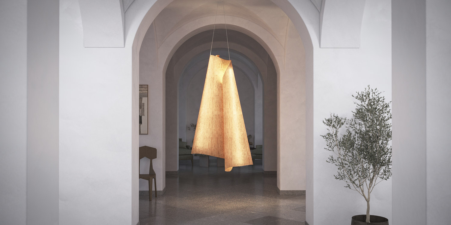 Boutique hotel Portugal custom luminaire — sculptural cork light